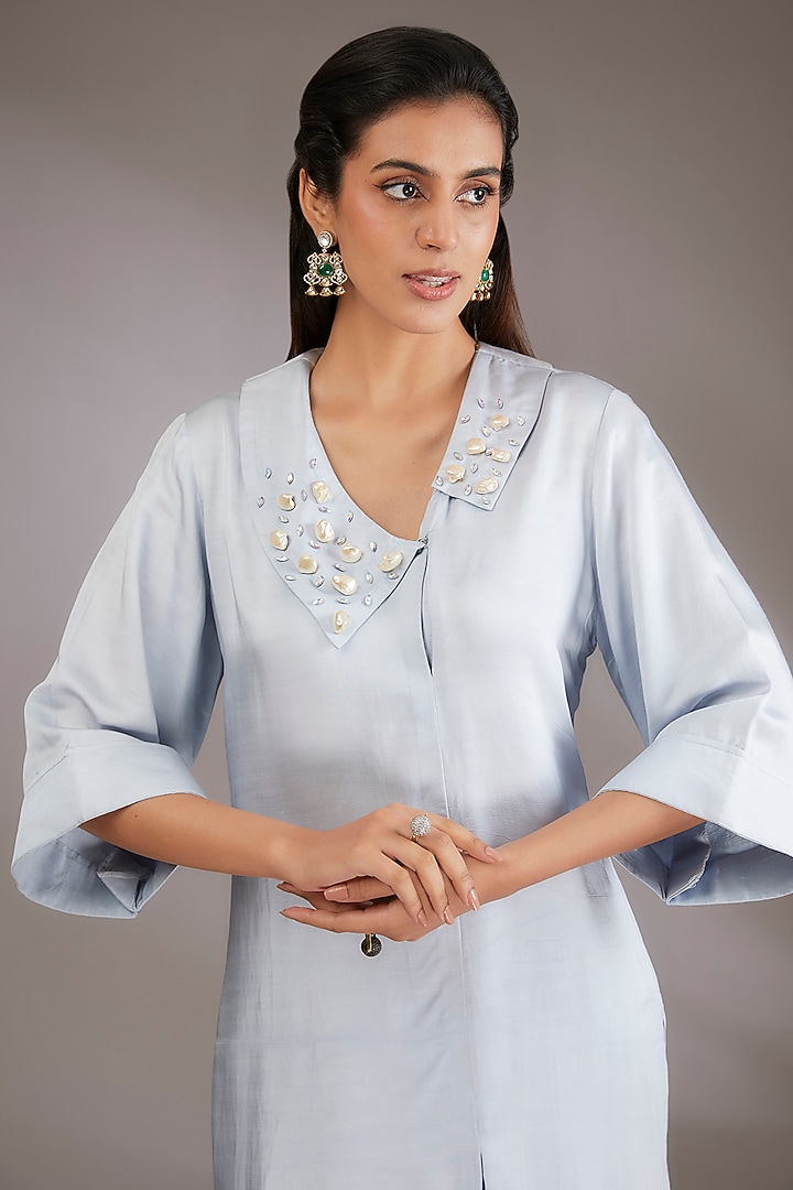 Ice Blue Cotton Hand Embroidered Co-Ord Set by Vedika Soni at Pernia's Pop Up Shop