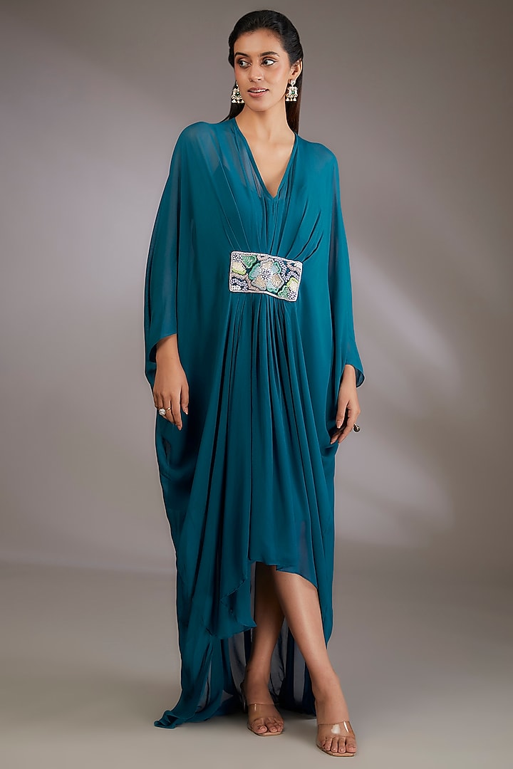 Blue Georgette Hand Embroidered Kaftan by Vedika Soni at Pernia's Pop Up Shop