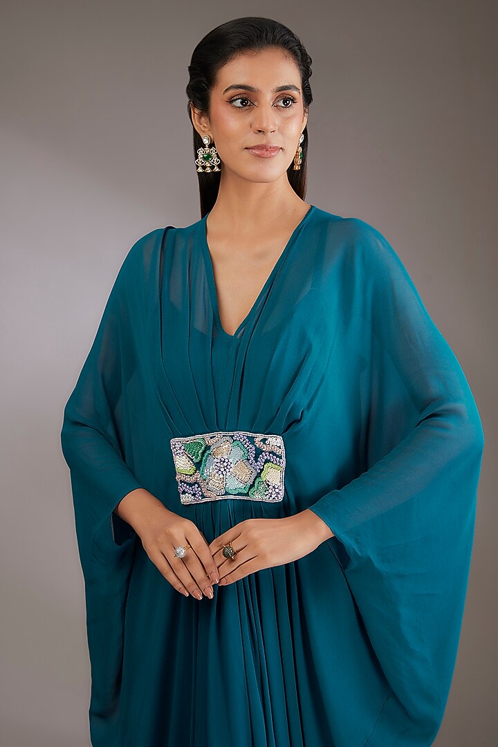 Blue Georgette Hand Embroidered Kaftan by Vedika Soni at Pernia's Pop Up Shop