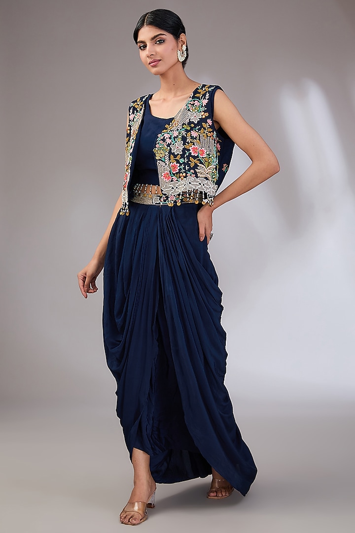 Blue Crepe Draped Dhoti Skirt Set by Vedika Soni at Pernia's Pop Up Shop
