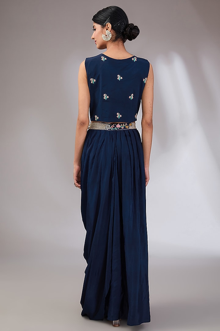 Blue Crepe Draped Dhoti Skirt Set by Vedika Soni at Pernia's Pop Up Shop