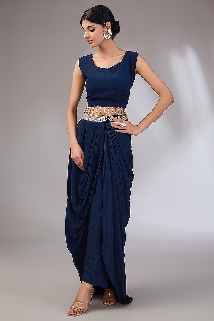 Blue Crepe Draped Dhoti Skirt Set by Vedika Soni at Pernia's Pop Up Shop