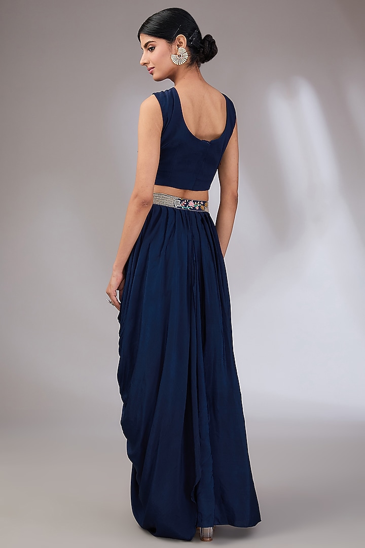 Blue Crepe Draped Dhoti Skirt Set by Vedika Soni at Pernia's Pop Up Shop