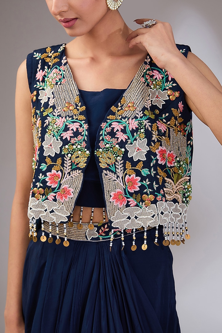 Blue Crepe Draped Dhoti Skirt Set by Vedika Soni at Pernia's Pop Up Shop