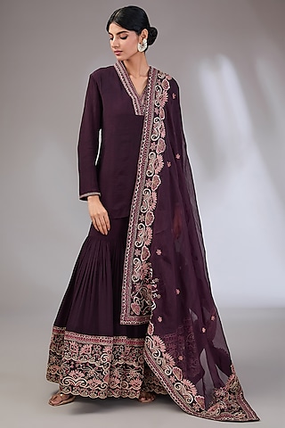 Wine Crepe Embroidered Sharara Set by Vedika Soni