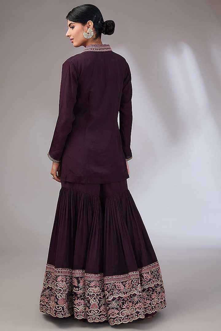 Wine Crepe Embroidered Bridal Sharara Set by Vedika Soni at Pernia's Pop Up Shop