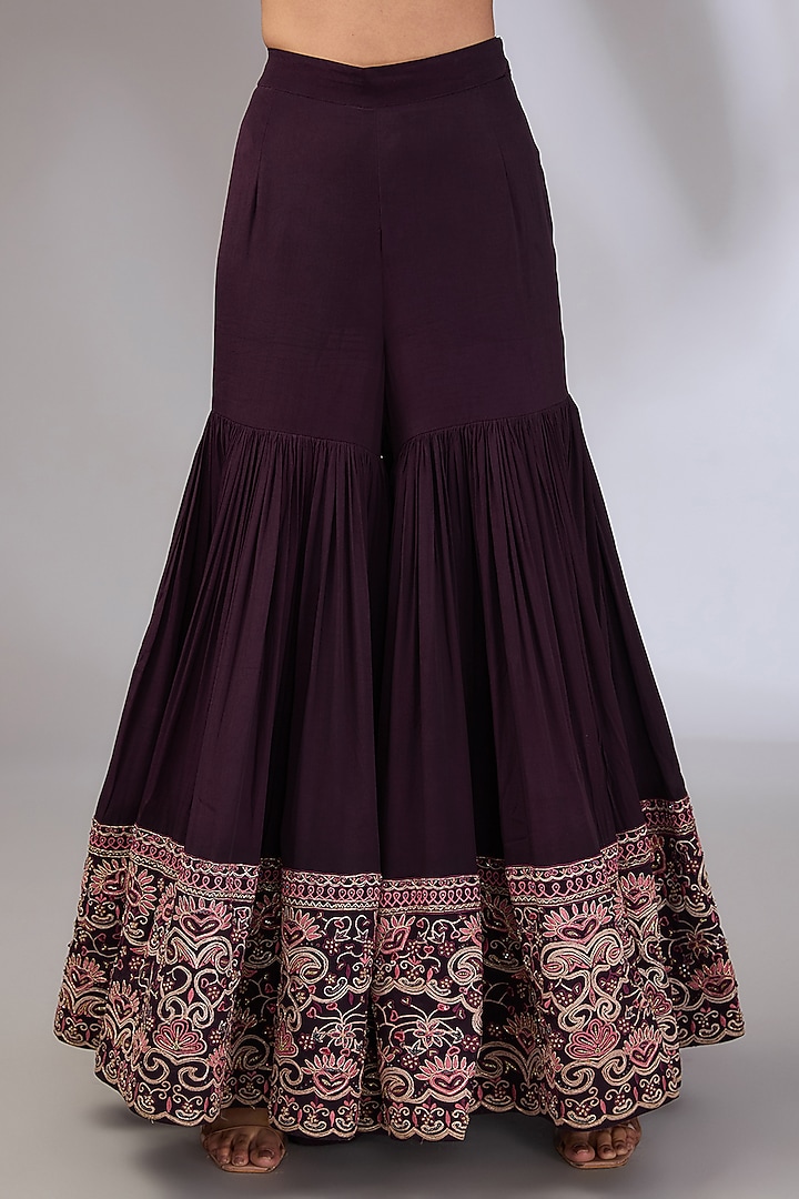 Wine Crepe Embroidered Bridal Sharara Set by Vedika Soni at Pernia's Pop Up Shop