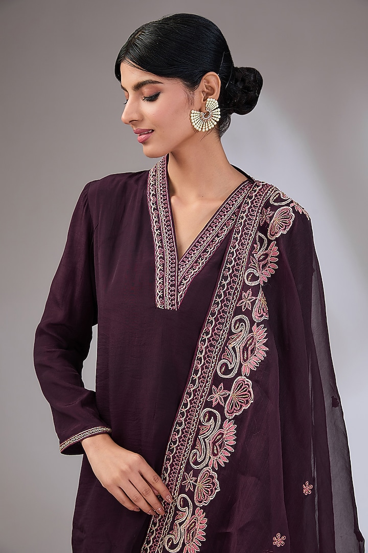 Wine Crepe Embroidered Bridal Sharara Set by Vedika Soni at Pernia's Pop Up Shop