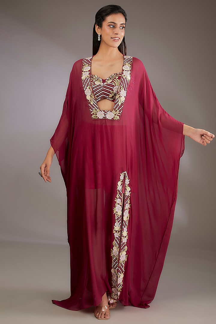 Pink Georgette Machine Embroidered Kaftan Set by Vedika Soni at Pernia's Pop Up Shop