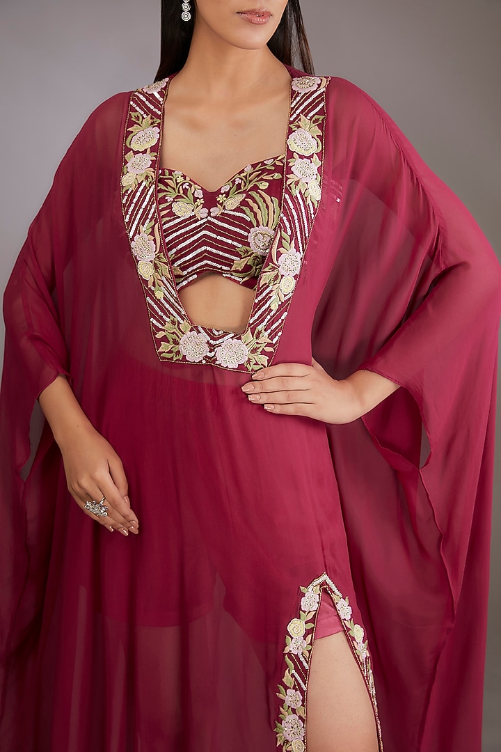 Pink Georgette Machine Embroidered Kaftan Set by Vedika Soni at Pernia's Pop Up Shop