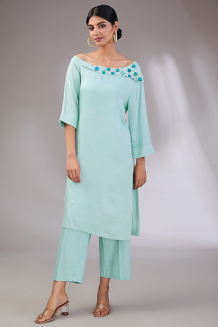 Ice Blue Cotton Hand Embroidered Kurta Set by Vedika Soni at Pernia's Pop Up Shop