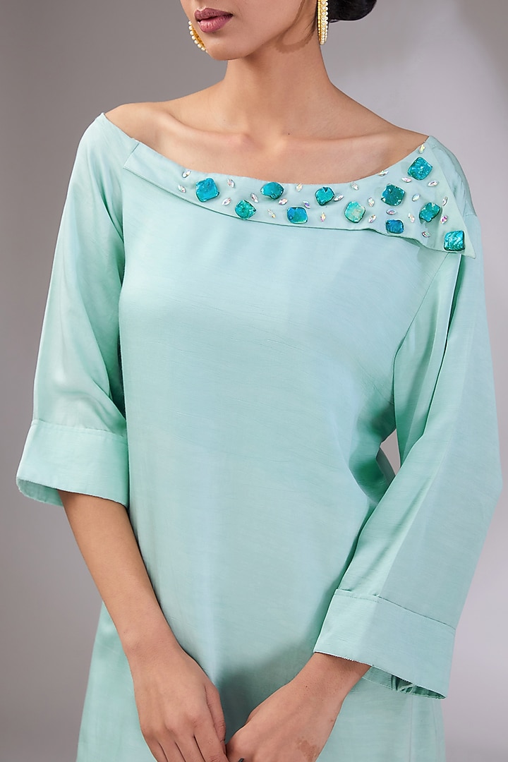 Ice Blue Cotton Hand Embroidered Kurta Set by Vedika Soni at Pernia's Pop Up Shop