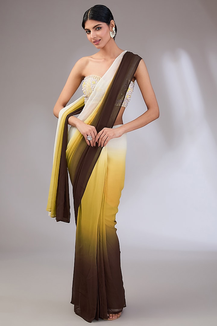 Brown Ombre Georgette & Net Saree Set by Vedika Soni at Pernia's Pop Up Shop