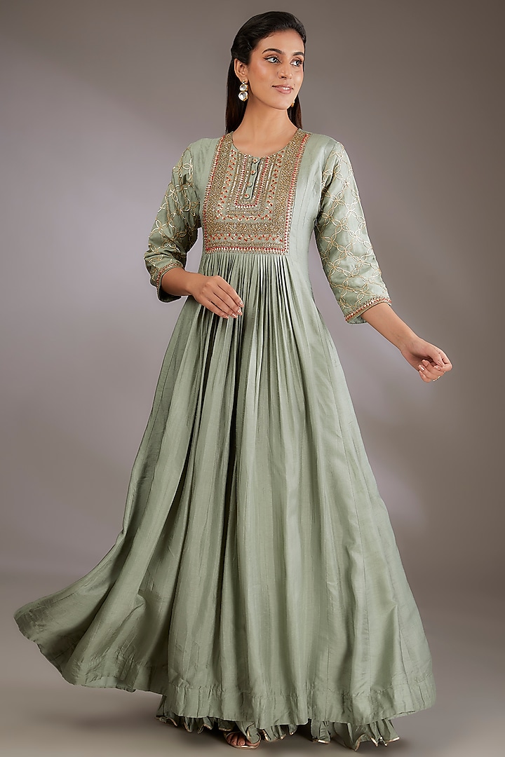 Green Silk Hand Embroidered Gown by Vedika Soni at Pernia's Pop Up Shop