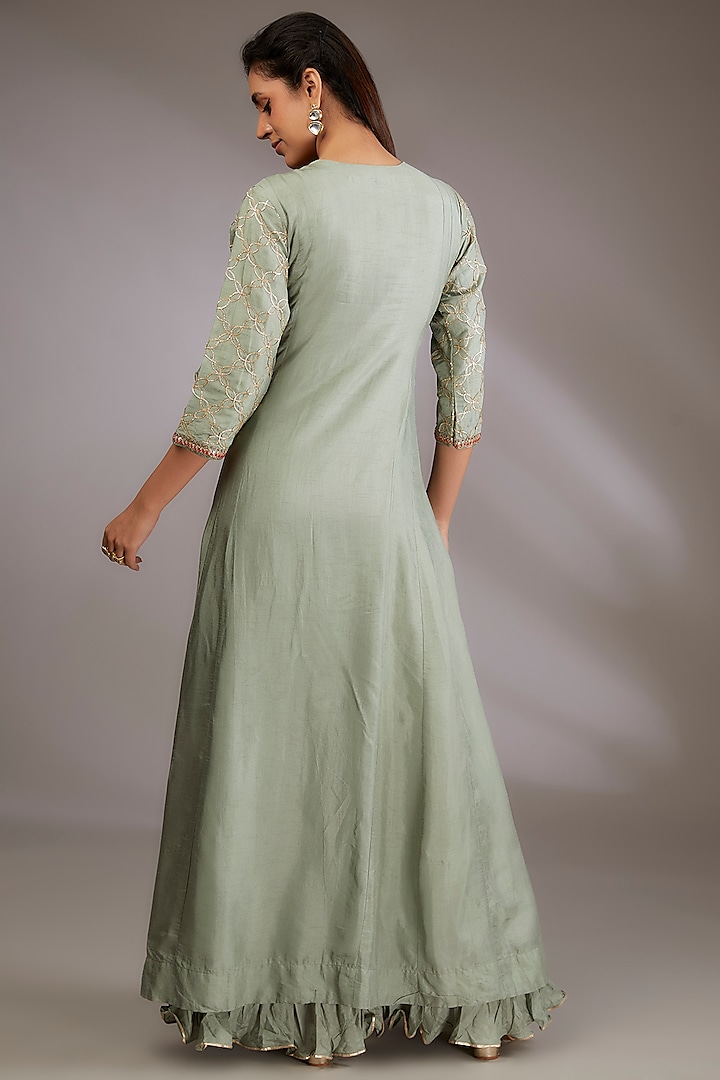 Green Silk Hand Embroidered Party Wear Gown by Vedika Soni at Pernia's Pop Up Shop