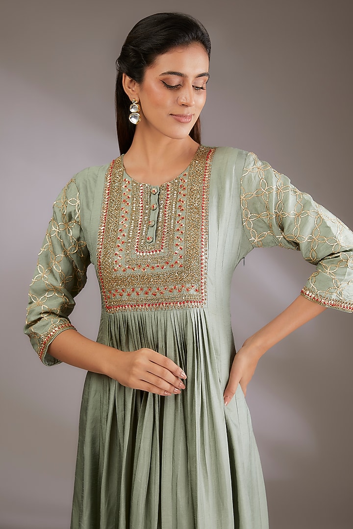 Green Silk Hand Embroidered Party Wear Gown by Vedika Soni at Pernia's Pop Up Shop