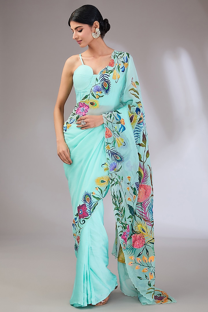 Ice Blue Organza Hand Painted & Embroidered Wedding Saree Set by Vedika Soni at Pernia's Pop Up Shop