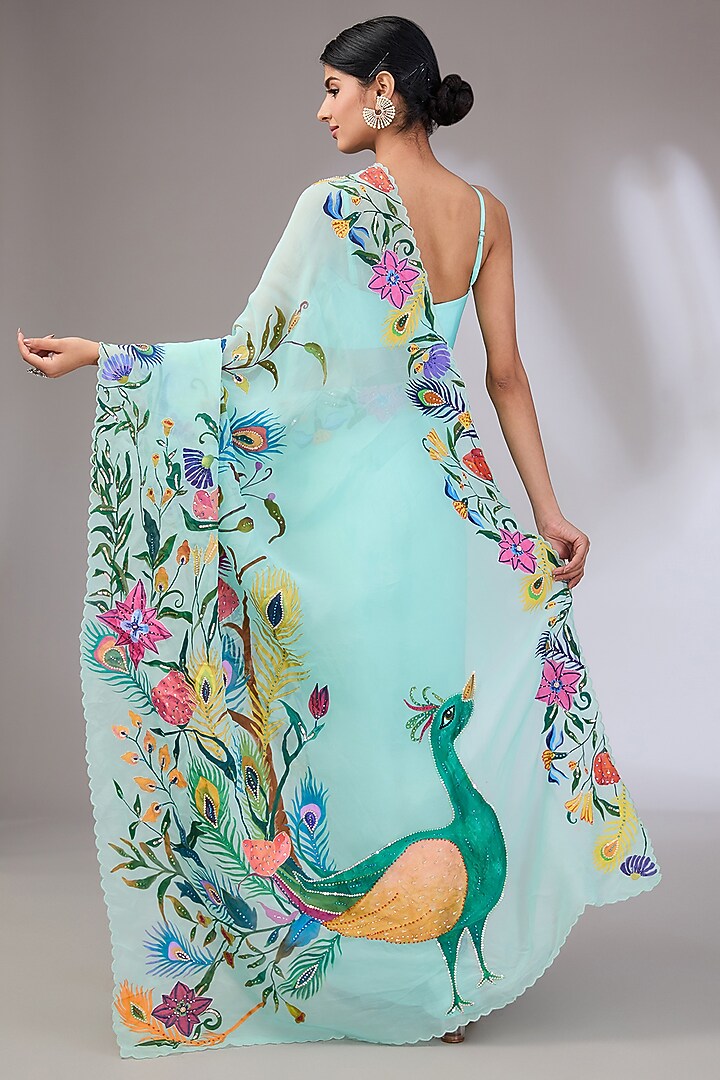 Ice Blue Organza Hand Painted & Embroidered Wedding Saree Set by Vedika Soni at Pernia's Pop Up Shop