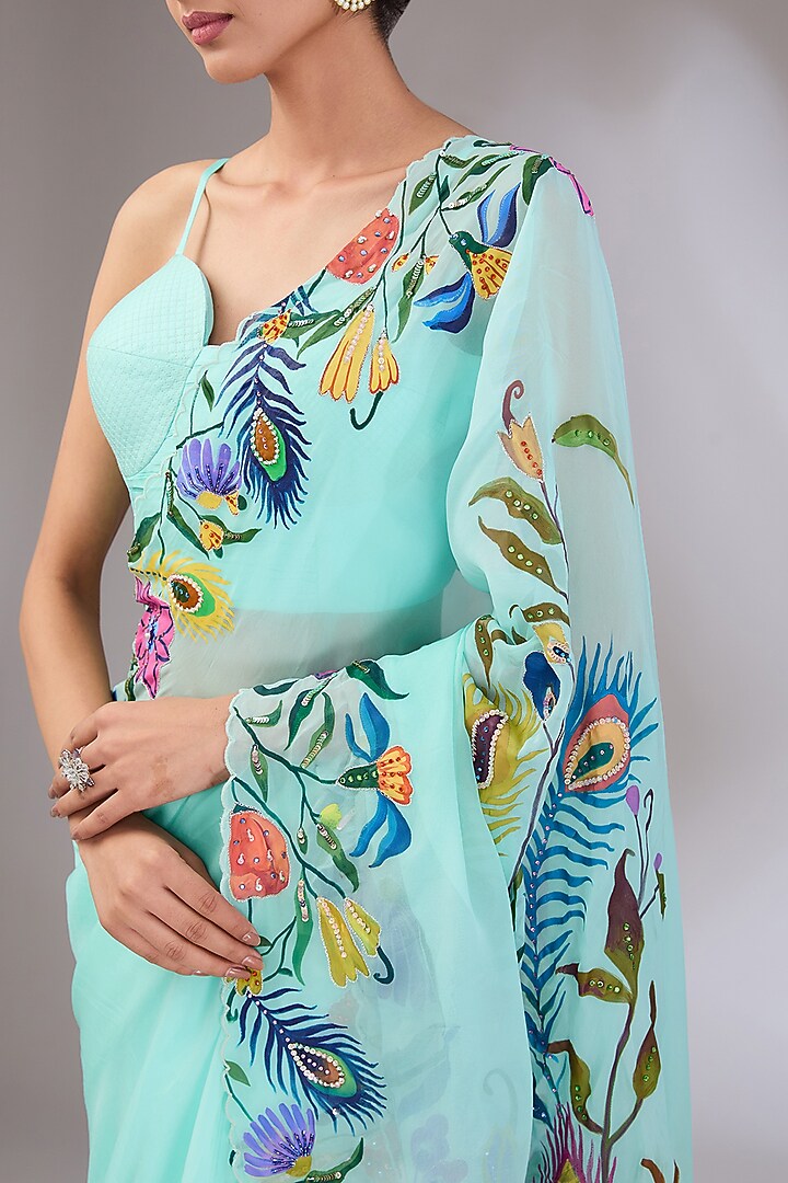 Ice Blue Organza Hand Painted & Embroidered Wedding Saree Set by Vedika Soni at Pernia's Pop Up Shop