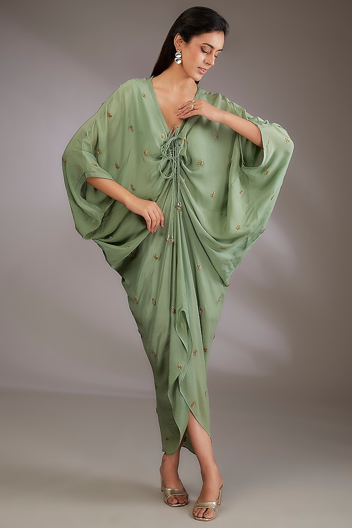 Sage Green Georgette Hand Embroidered Kaftan by Vedika Soni at Pernia's Pop Up Shop