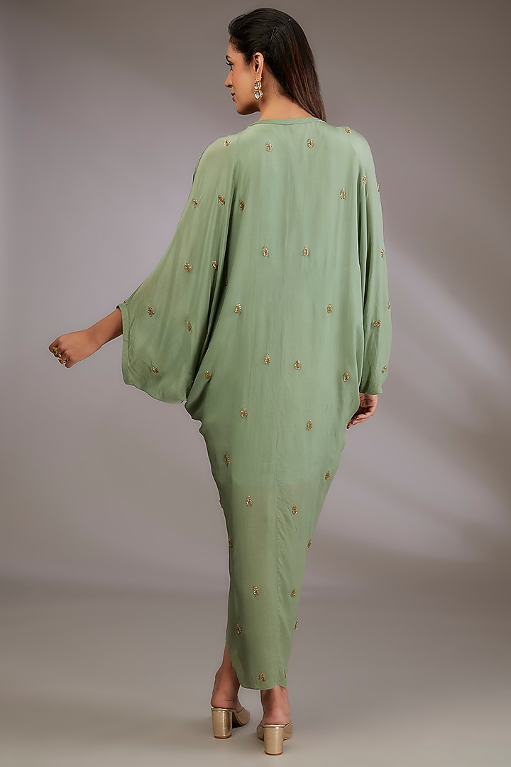 Sage Green Georgette Hand Embroidered Kaftan by Vedika Soni at Pernia's Pop Up Shop