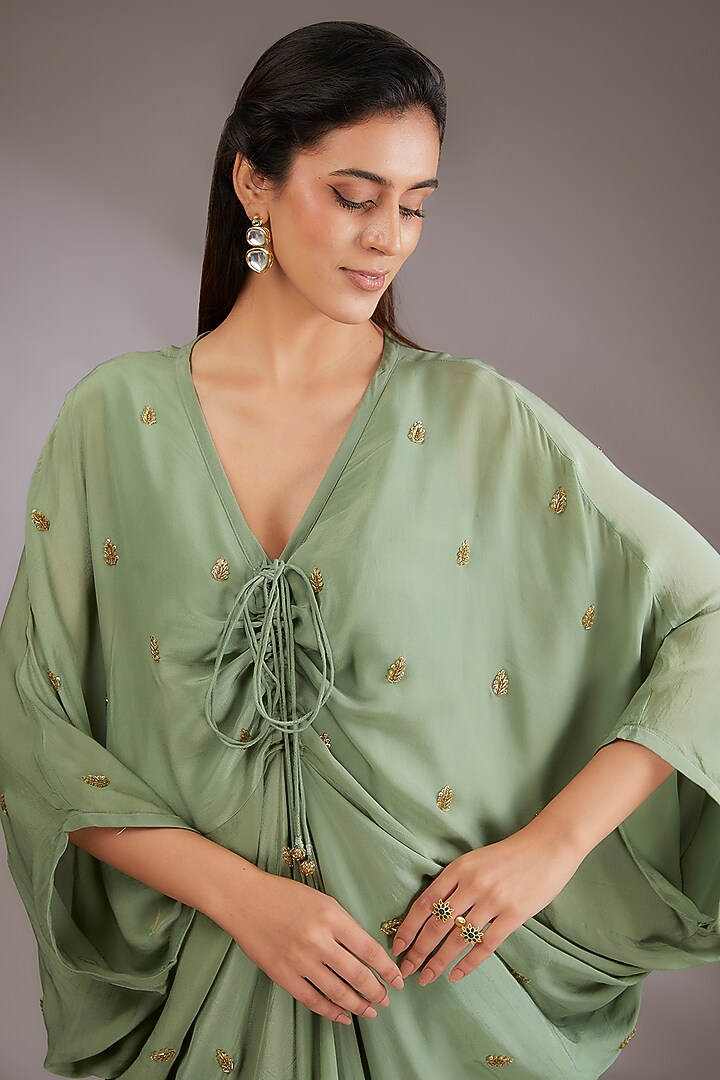 Sage Green Georgette Hand Embroidered Kaftan by Vedika Soni at Pernia's Pop Up Shop