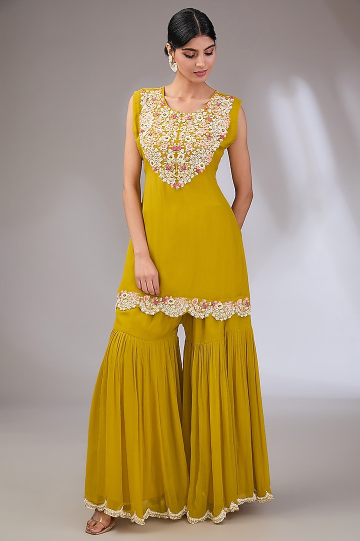 Mustard Chiffon Wedding Sharara Set by Vedika Soni at Pernia's Pop Up Shop