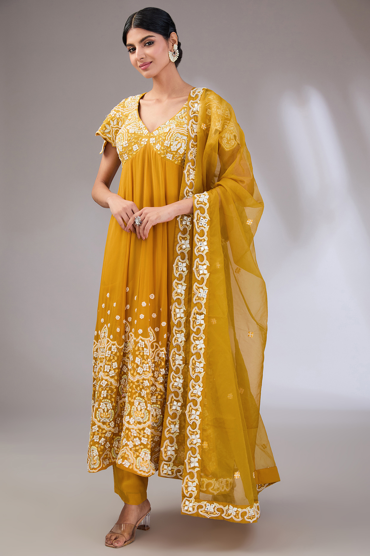 Mustard Crepe Machine Embroidered Party Wear Anarkali Set by Vedika Soni at Pernia's Pop Up Shop