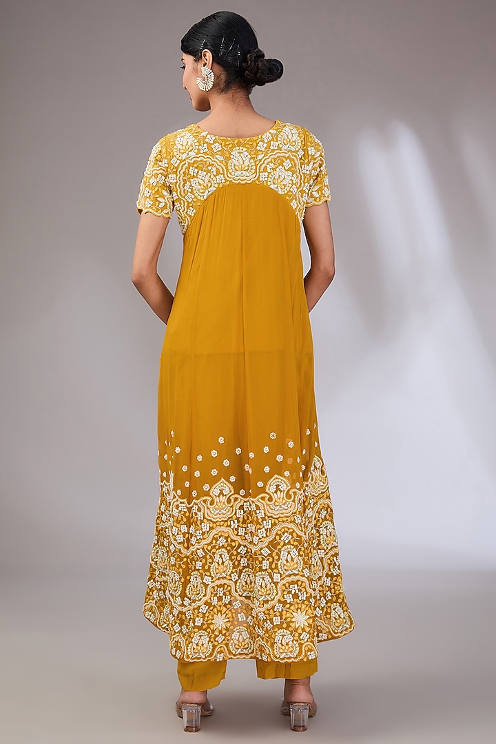 Mustard Crepe Machine Embroidered Wedding Anarkali Set by Vedika Soni at Pernia's Pop Up Shop