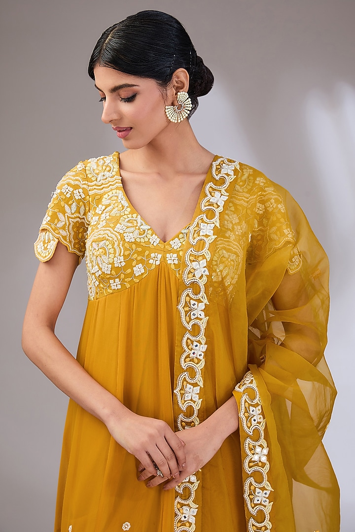 Mustard Crepe Machine Embroidered Wedding Anarkali Set by Vedika Soni at Pernia's Pop Up Shop
