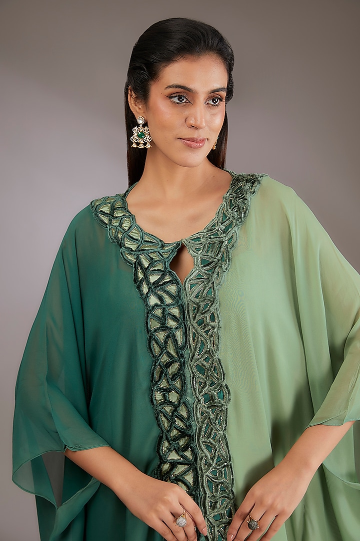 Green Georgette Machine Embroidered Kaftan by Vedika Soni at Pernia's Pop Up Shop