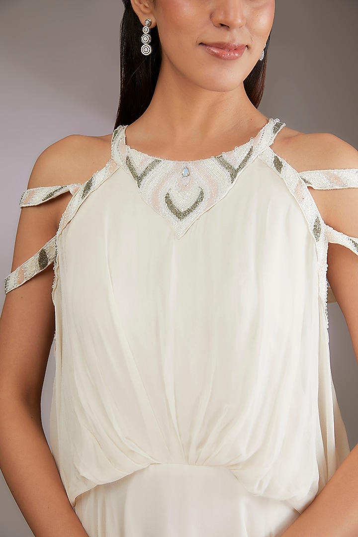 Ivory Georgette Hand Embroidered Party Wear Gown by Vedika Soni at Pernia's Pop Up Shop
