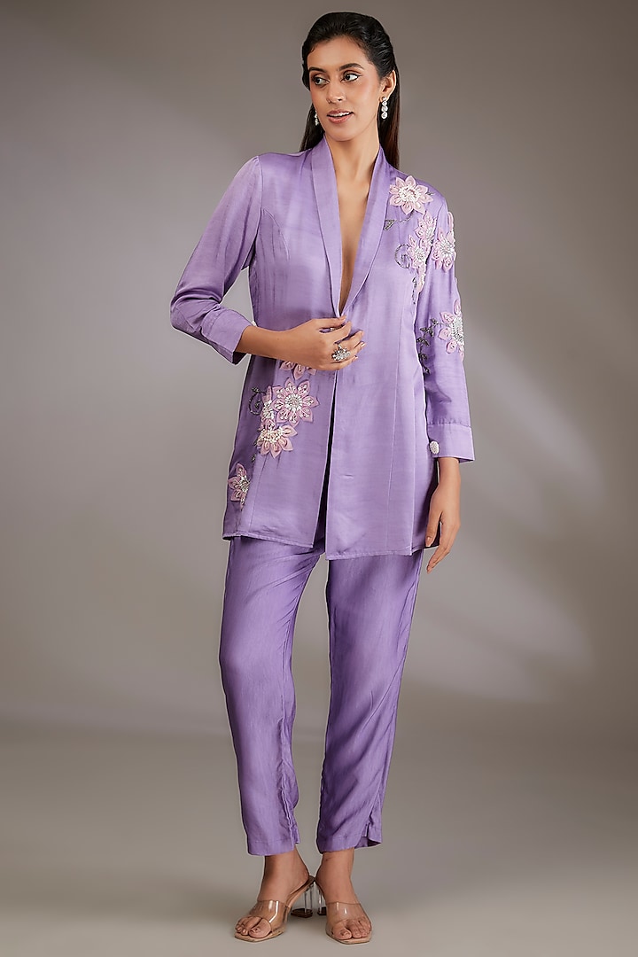 Purple Cotton Hand Embroidered Coat Style Kurta Set by Vedika Soni at Pernia's Pop Up Shop