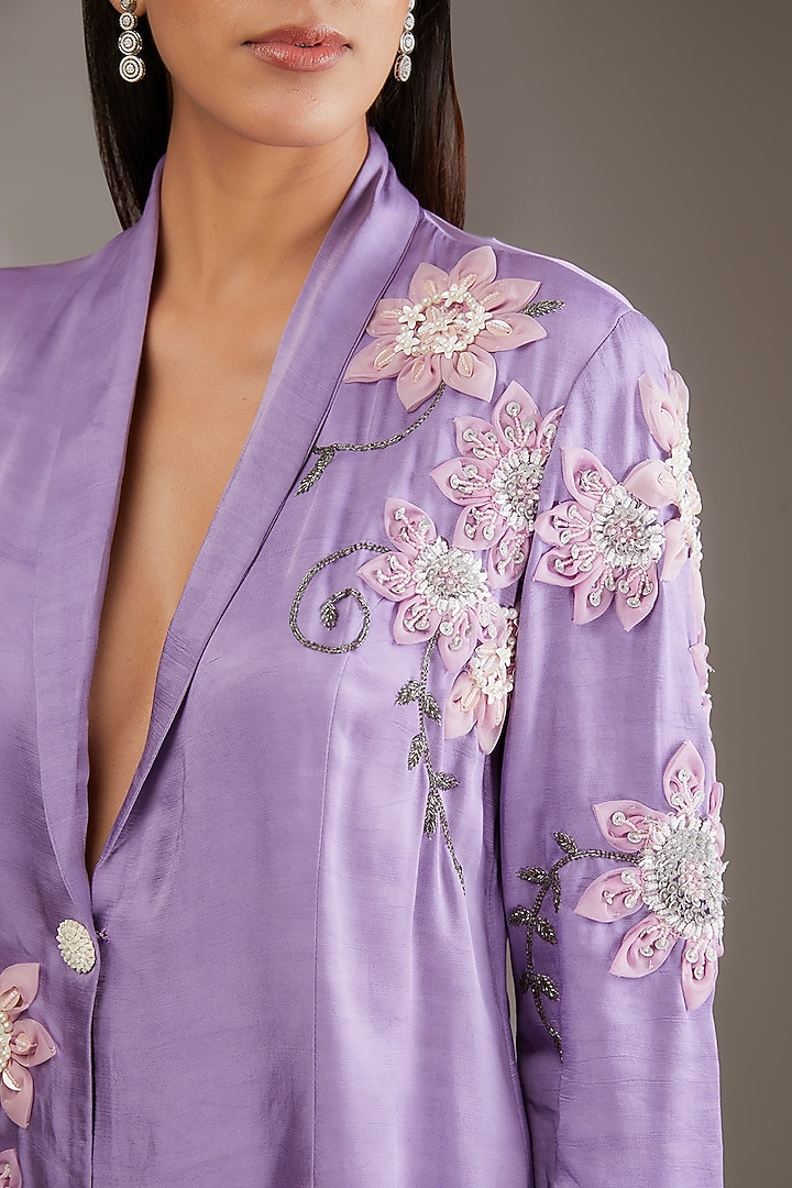 Purple Cotton Hand Embroidered Coat Style Kurta Set by Vedika Soni at Pernia's Pop Up Shop