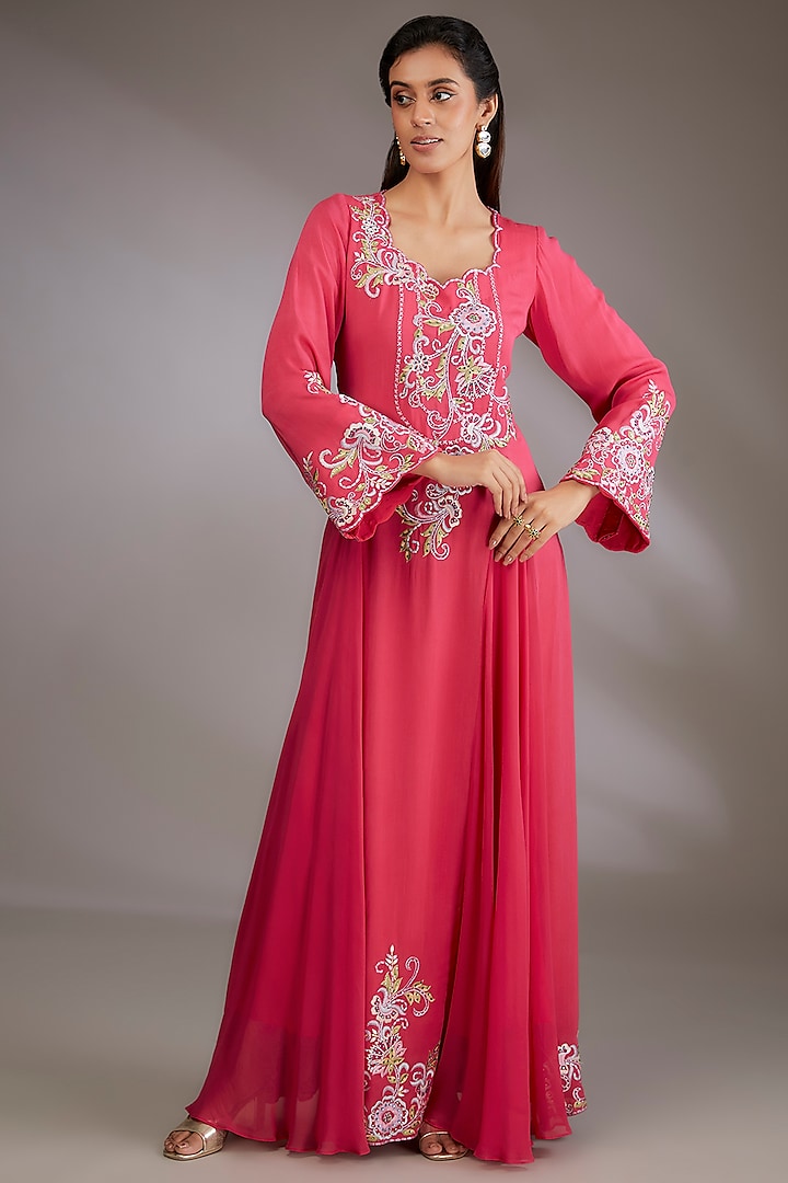 Pink Crepe & Georgette Machine Embroidered Gown by Vedika Soni at Pernia's Pop Up Shop