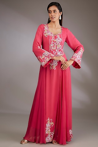 Pink Crepe & Georgette Machine Embroidered Gown by Vedika Soni