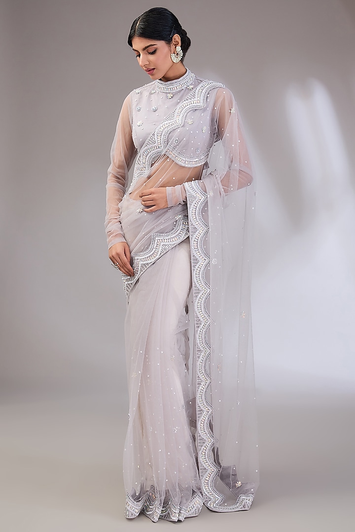 Grey Net Hand Embroidered Saree Set by Vedika Soni at Pernia's Pop Up Shop