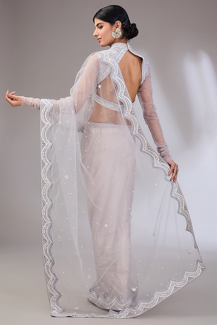 Grey Net Hand Embroidered Wedding Saree Set by Vedika Soni at Pernia's Pop Up Shop