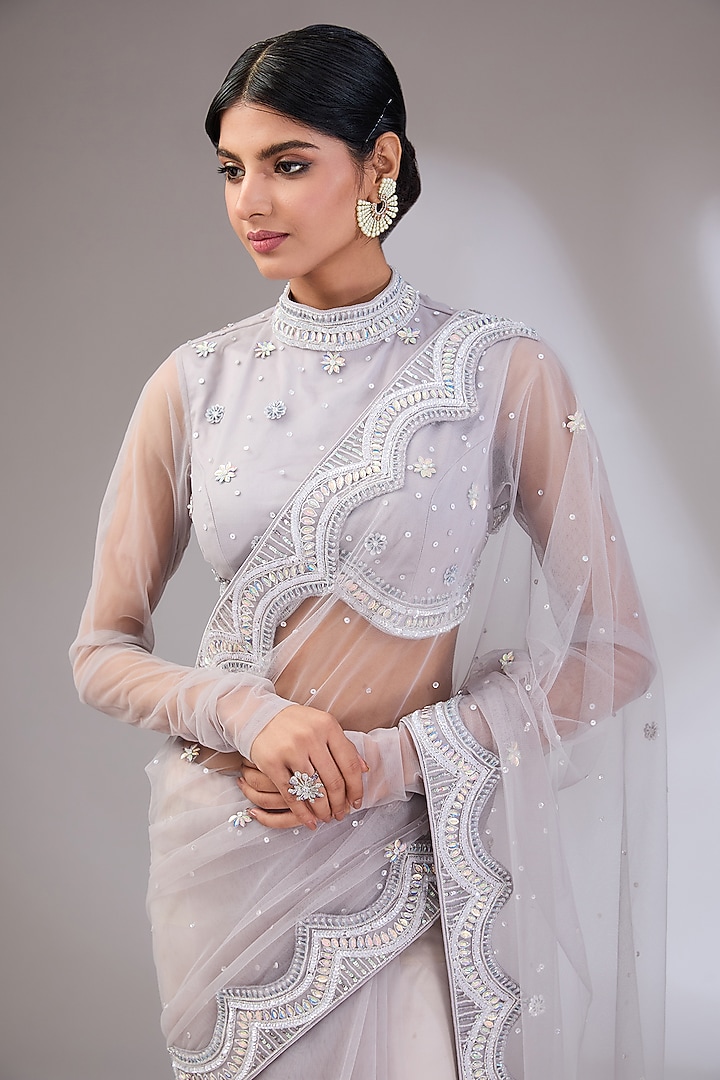 Grey Net Hand Embroidered Wedding Saree Set by Vedika Soni at Pernia's Pop Up Shop