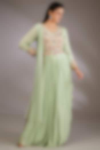 Green Georgette Hand Embroidered Gown With Dupatta by Vedika Soni at Pernia's Pop Up Shop