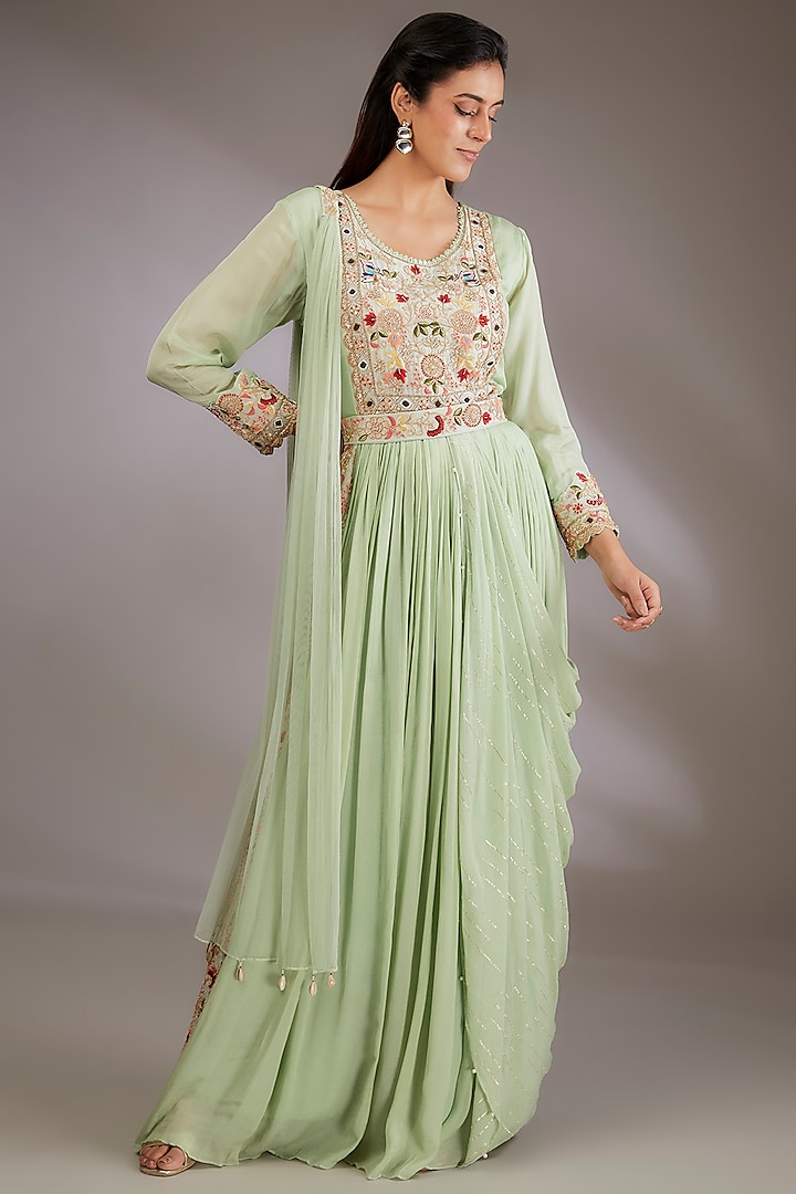 Green Georgette Hand Embroidered Gown With Dupatta by Vedika Soni at Pernia's Pop Up Shop