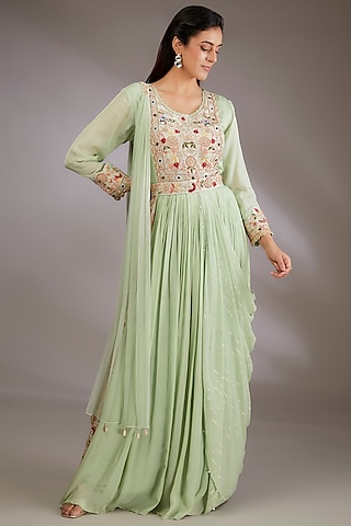 Green Georgette Hand Embroidered Gown With Dupatta by Vedika Soni