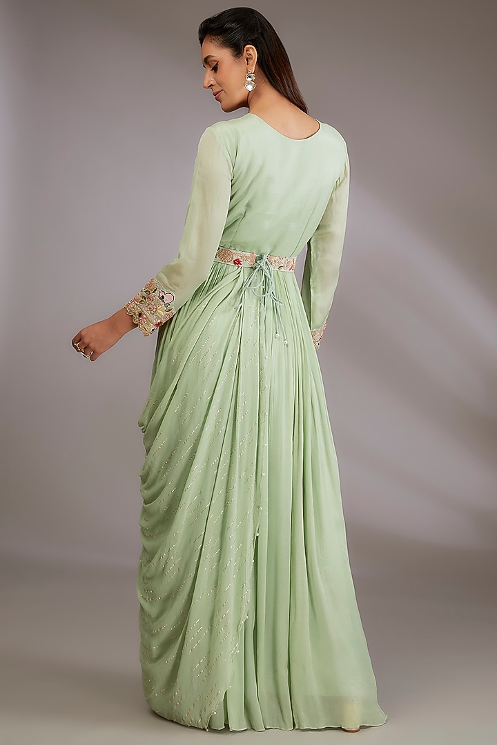 Green Georgette Hand Embroidered Engagement Gown With Dupatta by Vedika Soni at Pernia's Pop Up Shop