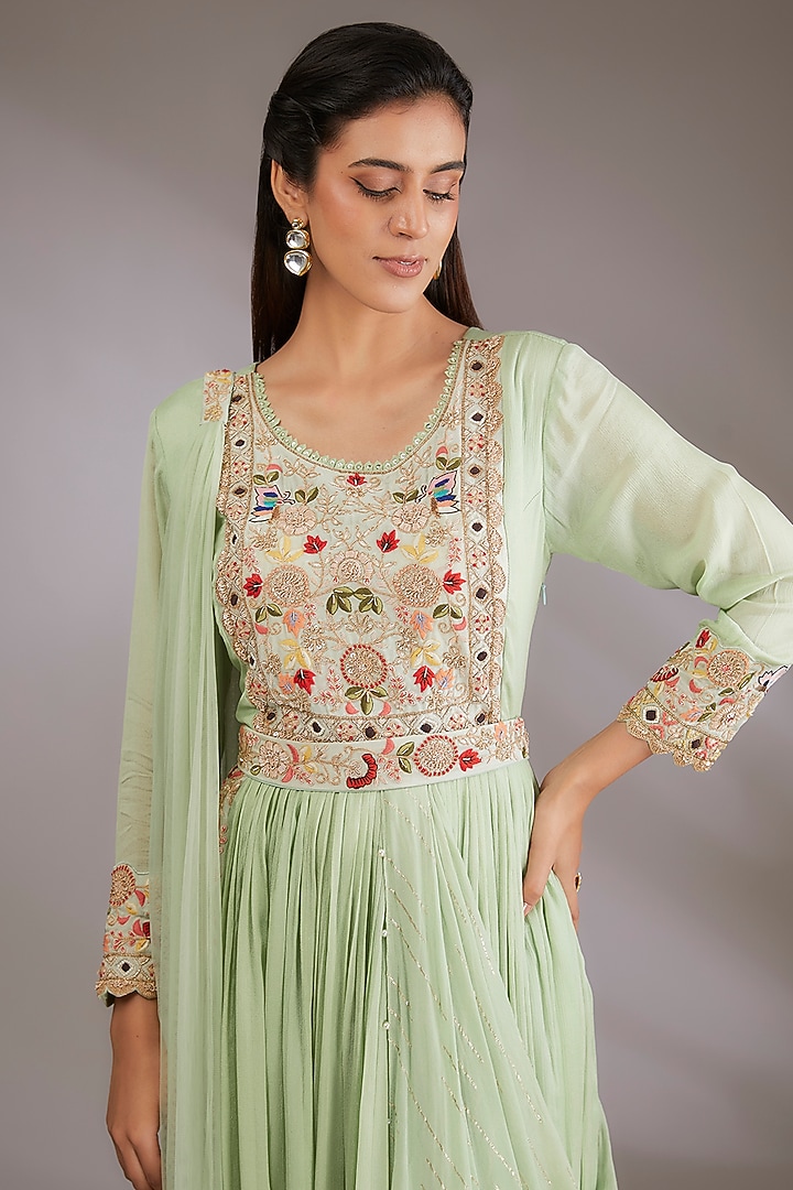 Green Georgette Hand Embroidered Engagement Gown With Dupatta by Vedika Soni at Pernia's Pop Up Shop