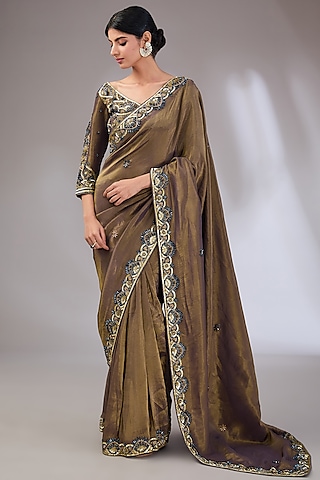 Antique Brown Gold Tissue Silk Hand Embroidered Saree Set by Vedika Soni