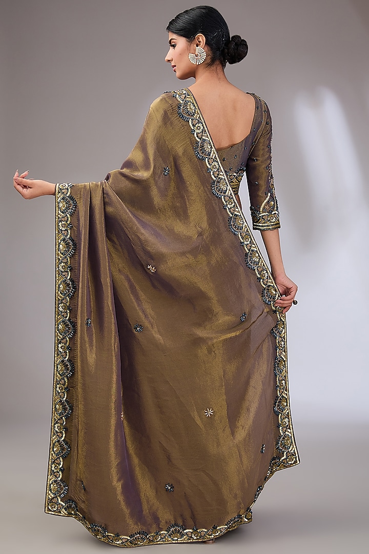 Antique Brown Gold Tissue Silk Hand Embroidered Wedding Saree Set by Vedika Soni at Pernia's Pop Up Shop