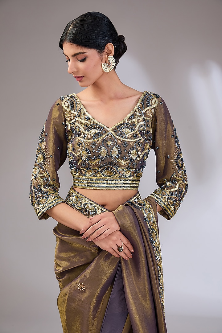 Antique Brown Gold Tissue Silk Hand Embroidered Wedding Saree Set by Vedika Soni at Pernia's Pop Up Shop