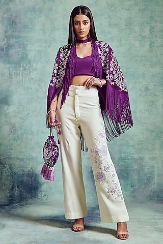 Russian Violet & White Crepe Pant Set by Vedika Soni
