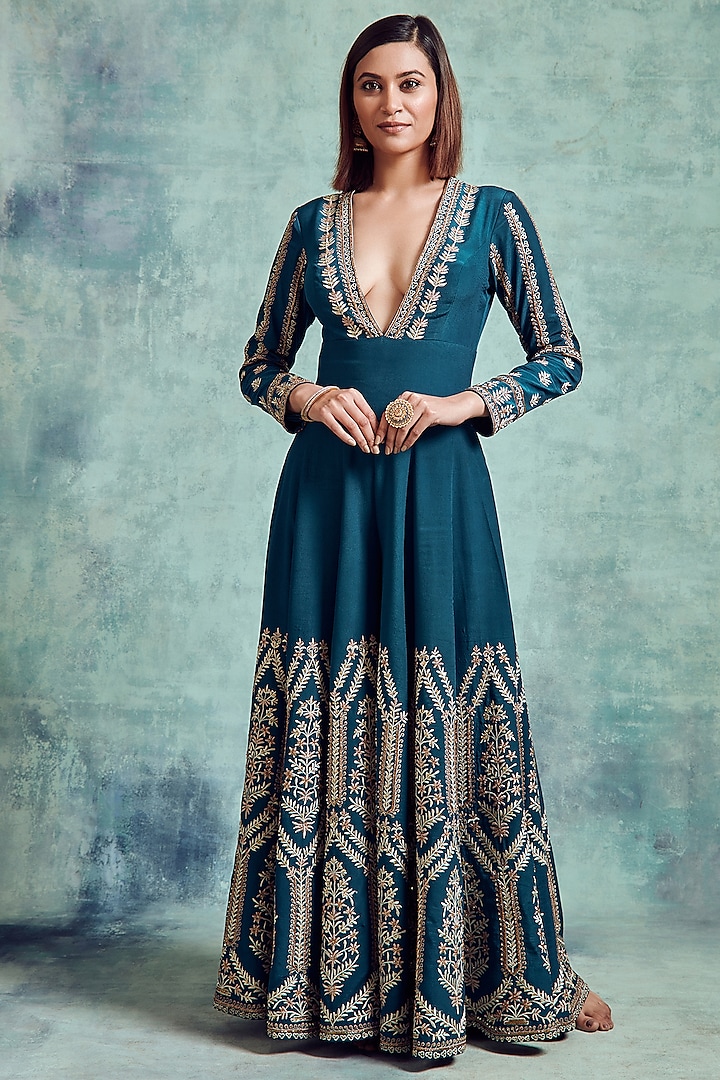 Ocean Green Embroidered Jumpsuit by Vedika Soni