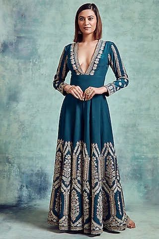 Ocean Green Embroidered Jumpsuit by Vedika Soni